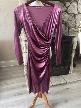 HUHOT Metallic Plum Wrap Midi Dress - Long Sleeve